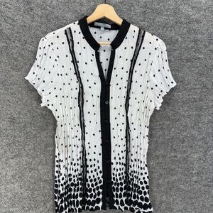 NY Collection Top Women XL White Polka Dot Button Up V-Neck Short Sleeve Casual